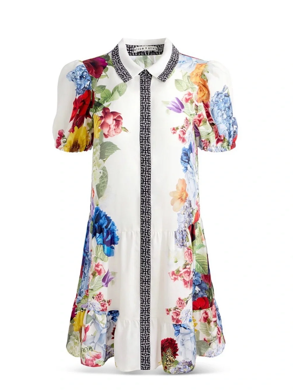 Alice + Olivia White Floral Short Sleeve Mini Dress - Picture 1 of 7